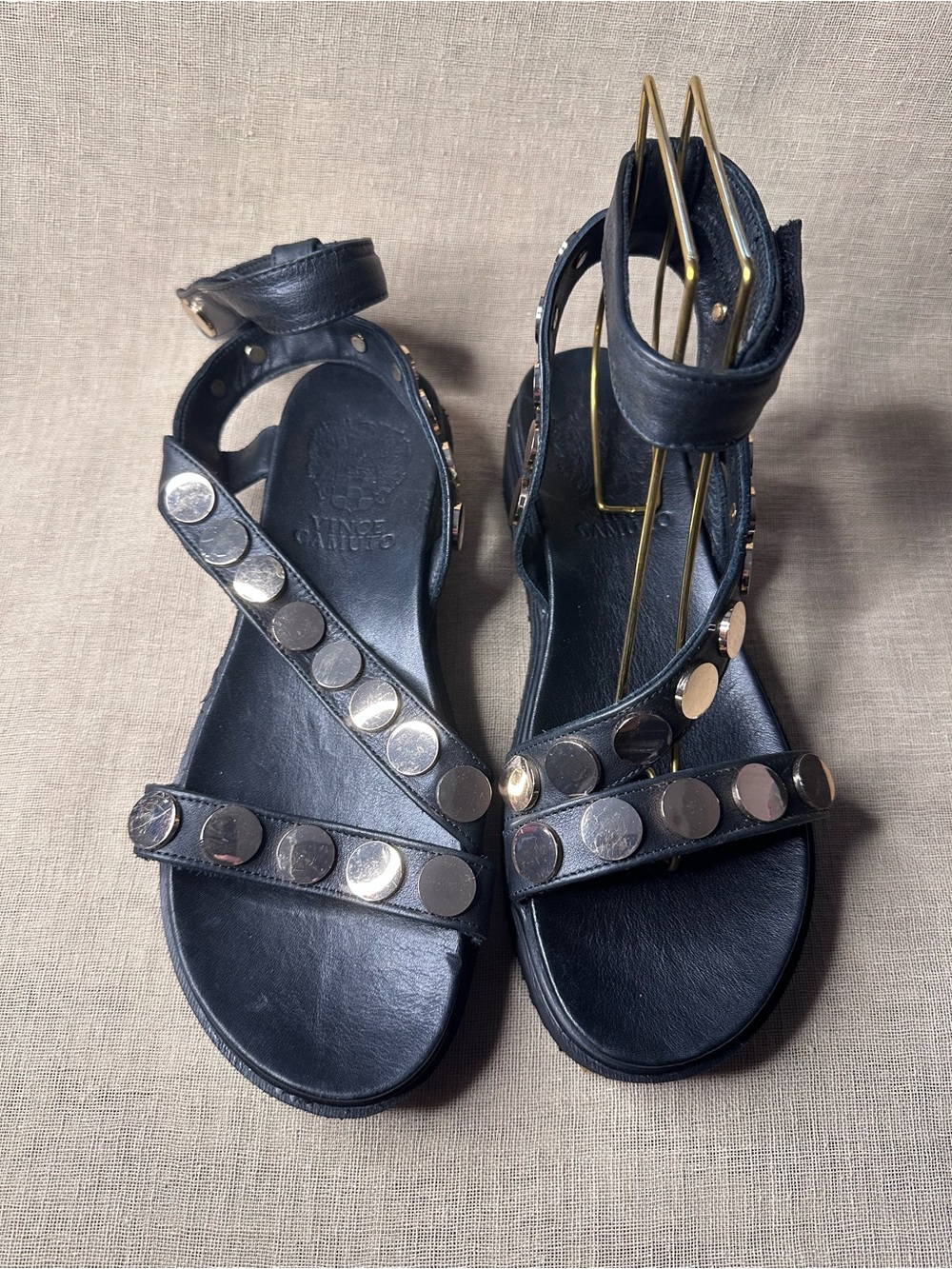 Vince Camuto Studded Black Leather Sandals Flatforms